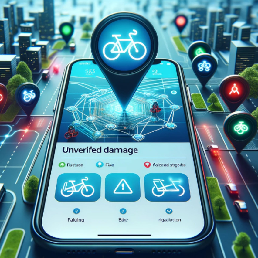 A smartphone with an enhanced bike share application running on it, created with the DALL-E AI image generator.