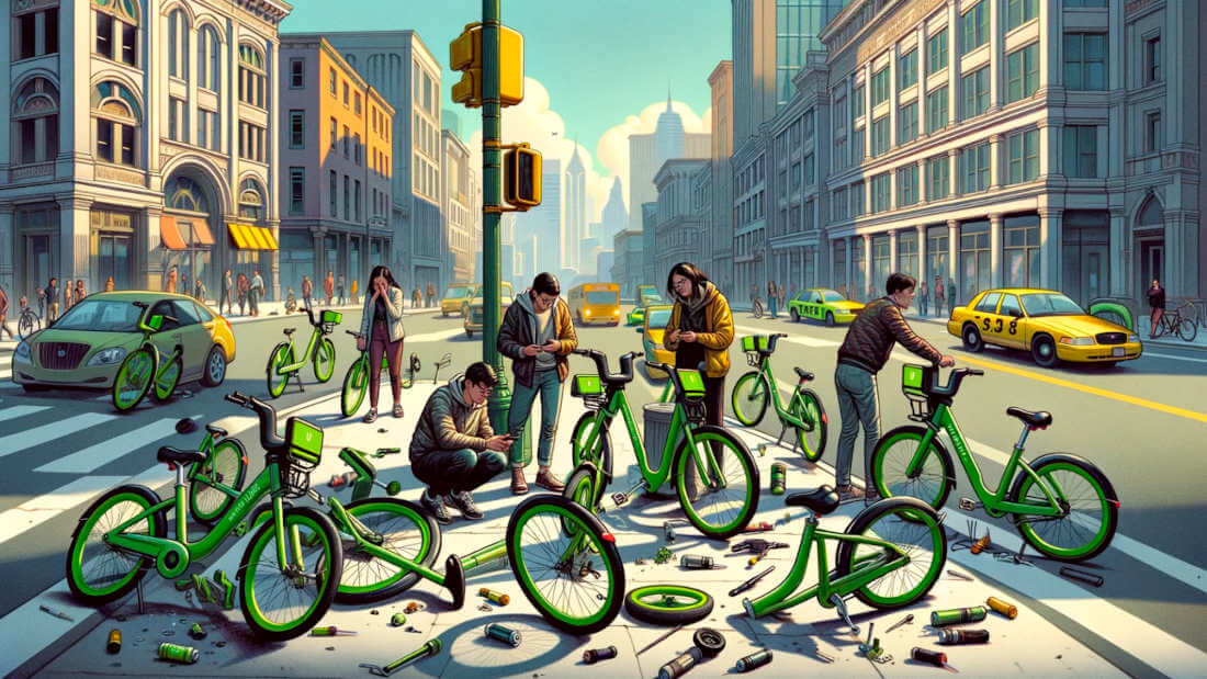 An illustration created with DALL-E generative AI that shows despairing people around a bunch of damaged green electric bikes on a junction in New York City.